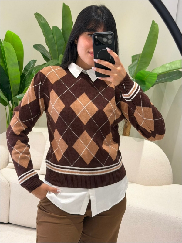 BLUSA ESCOCESA GERLANE - Marrom com bege