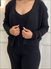 CONJUNTO MOUSSE CANELADO TRÊS PEÇAS GIANE - PRETO