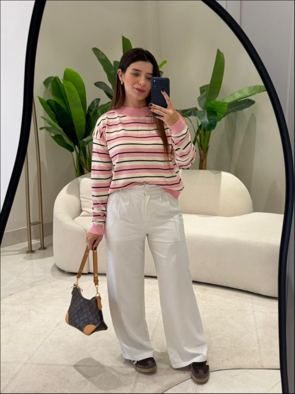 BLUSA PAMELA LISTRADA - ROSA BEBÊ/ OFF WHITE
