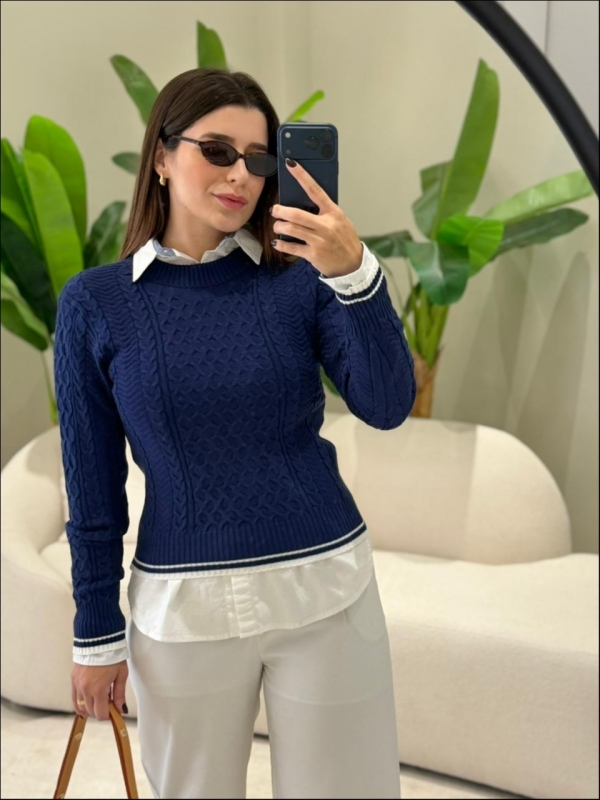 BLUSA BICOLOR VANESSA - AZUL MARINHO/OFF WHITE