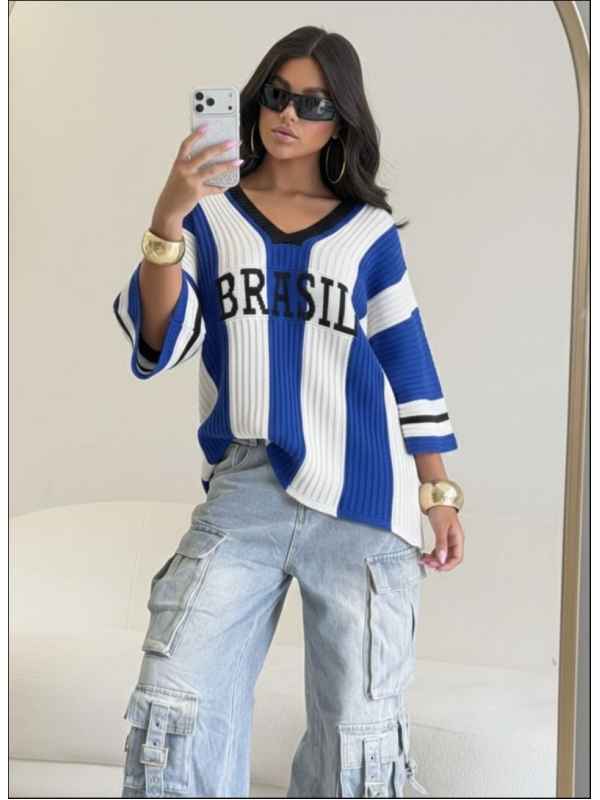 BLUSA LISTRADA BRASIL - AZUL/BRANCO/PRETO
