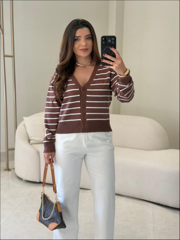 CASACO LISTRADO ROSANA - Marrom com off white