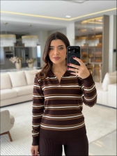 BLUSA MANGA LONGA LISTRADA ARY - MARROM/BRONZE/DUNAS