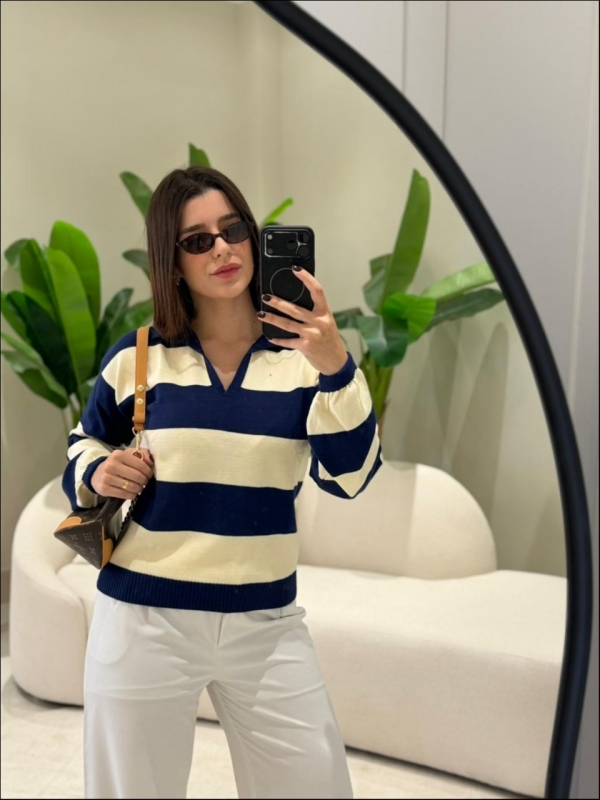 BLUSA POLO TATI - AZUL JEANS/OFF WHITE
