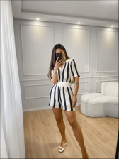 CONJUNTO SHORT LISTRAS VERTICAIS - BRANCO/ AZUL MARINHO