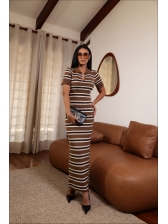 VESTIDO POLO LISTRADO - CARAMELO/OFF WHITE