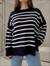 MAXI TRICOT LISTRAS CHLOE - Azul marinho com off white