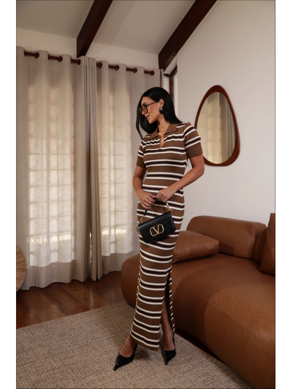 VESTIDO POLO LISTRADO - CARAMELO/OFF WHITE