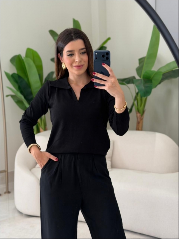 BLUSA ARY MANGA LONGA LISA - PRETO