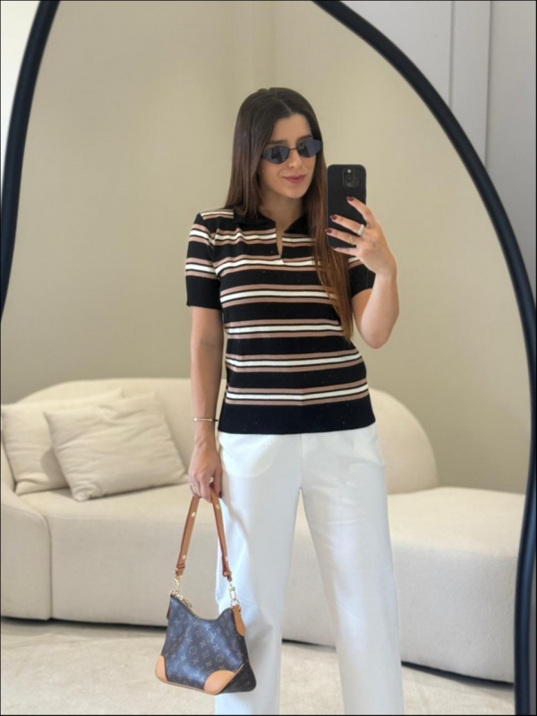 TSHIRT LISTRAS ARY - PRETO COM BEGE