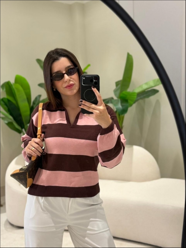 BLUSA POLO TATI - MARROM COM ROSA