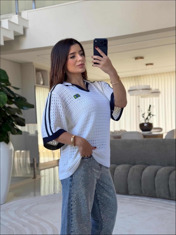 TSHIRT RENDADA BRASIL - BRANCO/AZUL