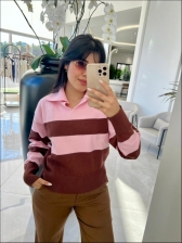 BLUSA POLO LISTRADA TELMA - ROSA BEBE/MARROM