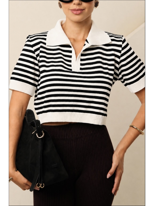 CROPPED POLO LISTRADO FABIANE - PRETO