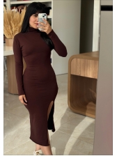 VESTIDO MIDI COM GOLA - MARROM