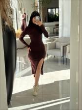 VESTIDO MIDI COM GOLA - MARROM