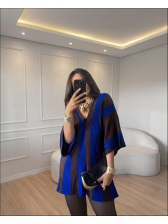 BLUSA LISTRAS BICOLOR VERTICAIS - AZUL BIC/ MARROM