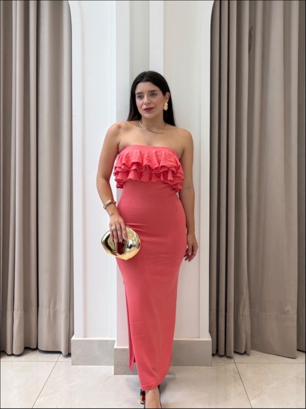 VESTIDO TOMARA QUE CAIA BABADO - CORAL