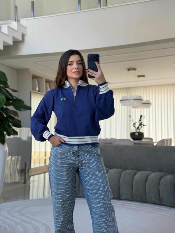 BLUSA MANGA BALÃO BANDEIRA - AZUL JEANS