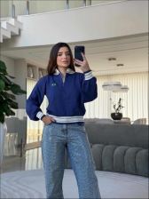 BLUSA MANGA BALÃO BANDEIRA - AZUL JEANS