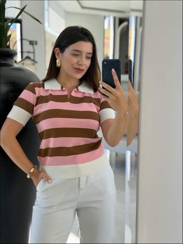 TSHIRT LISTRADA TRICORES - OFF WHITE/ROSA/MARROM