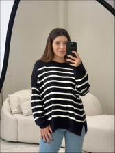 MAXI TRICOT LISTRAS CHLOE - Azul marinho com off white