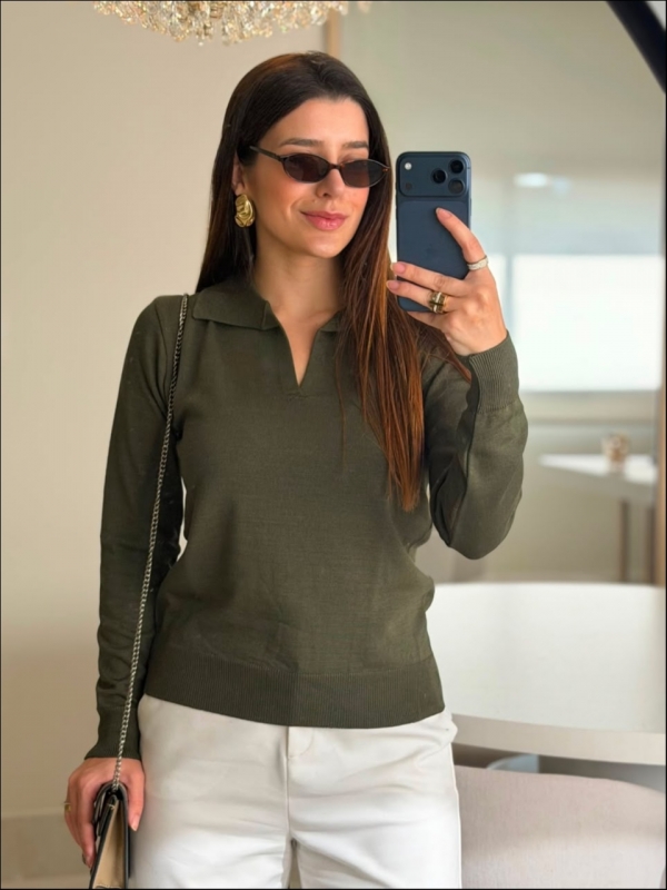 BLUSA ARY MANGA LONGA LISA - VERDE MILITAR
