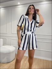 CONJUNTO SHORT LISTRAS VERTICAIS - BRANCO/ AZUL MARINHO
