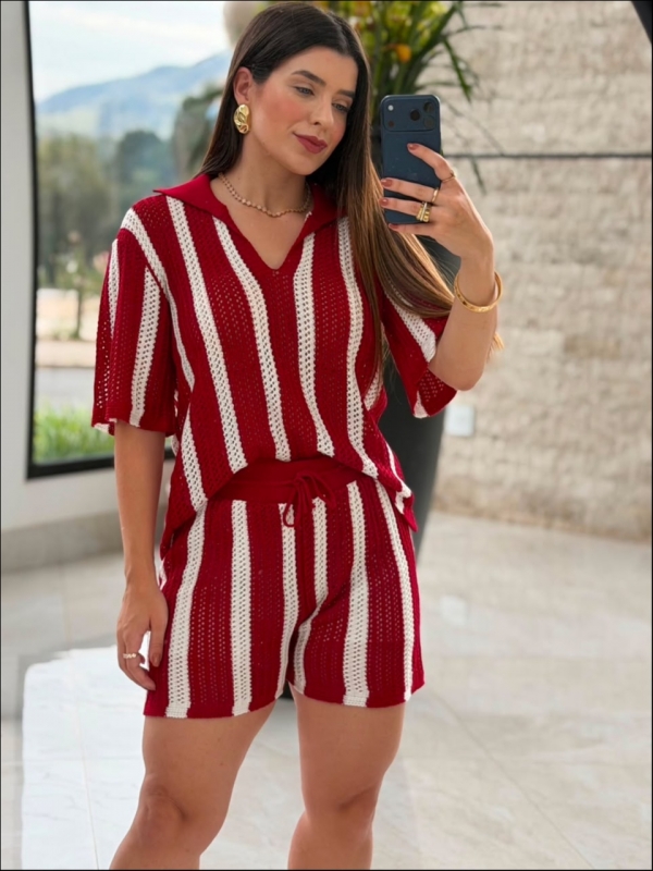 CONJUNTO SHORT LISTRAS VERTICAIS - Vermelho com branco