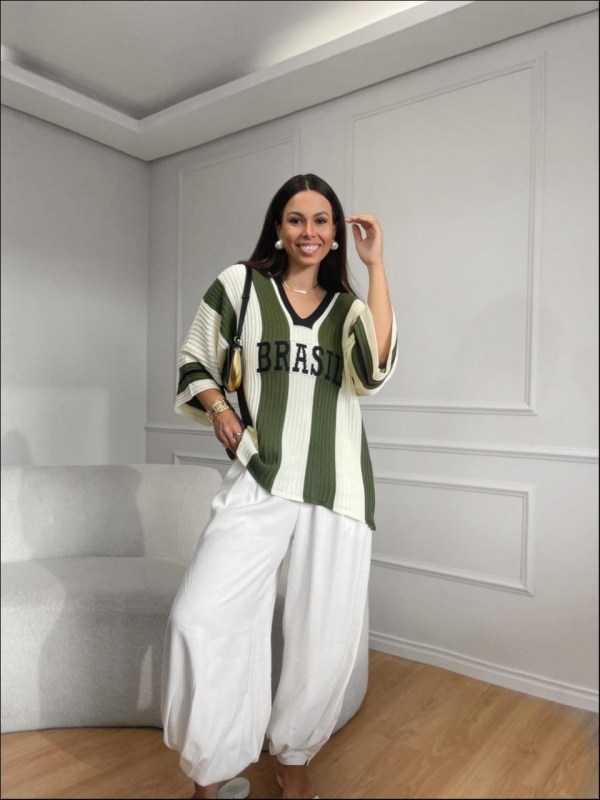 BLUSA LISTRADA BRASIL - OFF WHITE COM VERDE