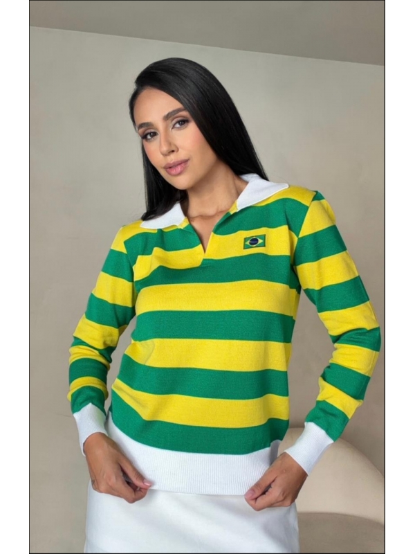 BLUSA MANGA LONGA POLO  LISTRADA 3 CORES BRASIL - VERDE/AMARELO/BRANCO