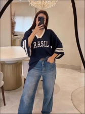BLUSA AMPLA BRASIL LISA - Azul marinho com off white