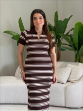 VESTIDO POLO LISTRADO - MARROM/ BEGE
