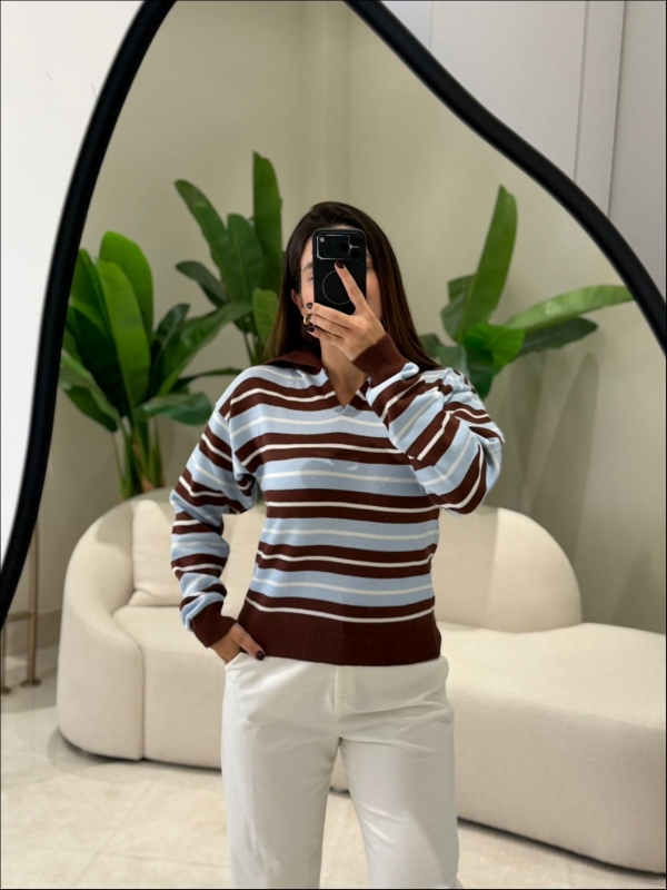 BLUSA POLO ADRIANA - MARROM/ COM AZUL BEBE