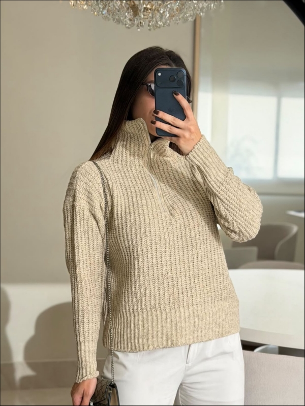 BLUSA ZIPER MOUSSE - Bege Mescla