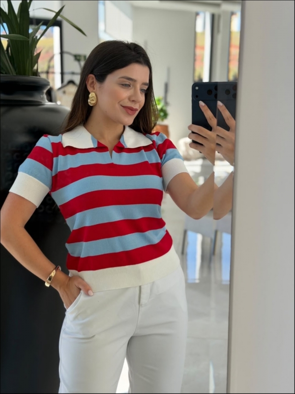 TSHIRT LISTRADA TRICORES - OFF WHITE/VERMELHO/AZUL BEBE