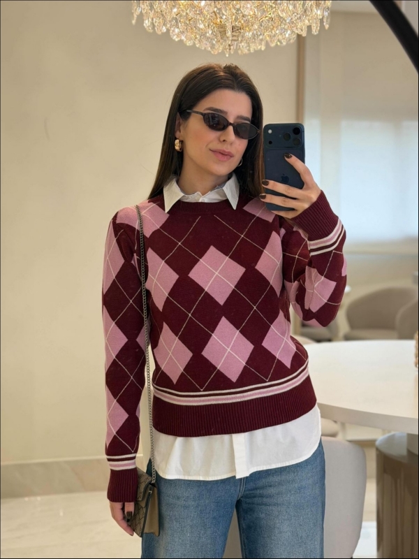 BLUSA ESCOCESA GERLANE - VINHO/ROSA