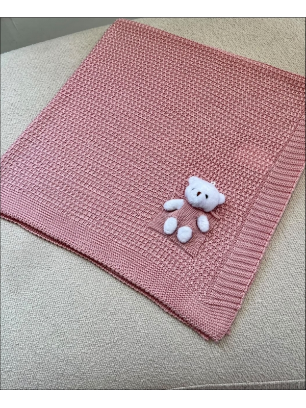 MANTA BEBÊ TRICOT URSO - ROSA BEBE