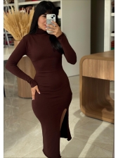 VESTIDO MIDI COM GOLA - MARROM