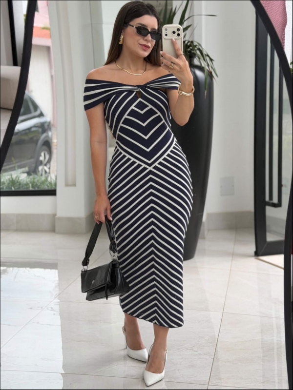 VESTIDO JACARD HELOISA - AZUL MARINHO