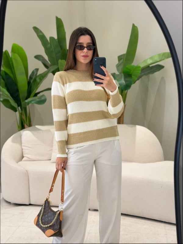 BLUSA LISTRADA PÉTALA - Areia com Branco