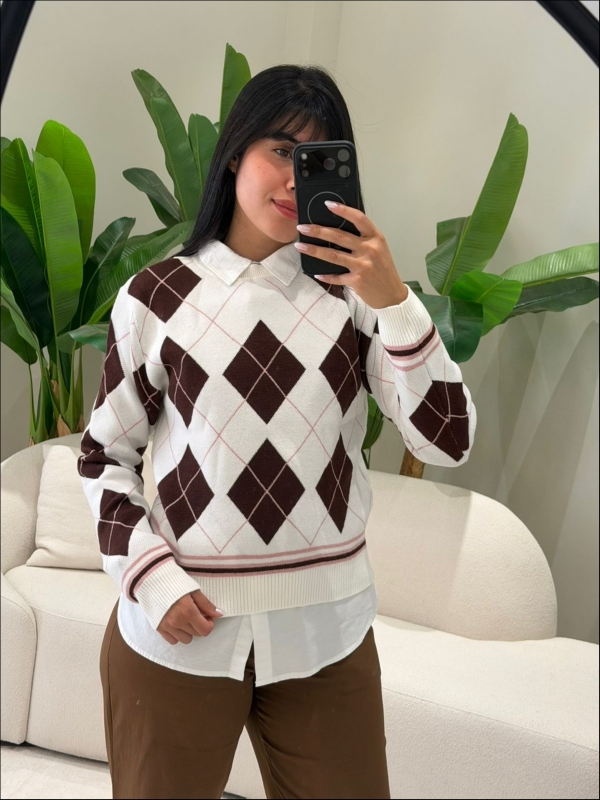 BLUSA ESCOCESA GERLANE - Off white com marrom