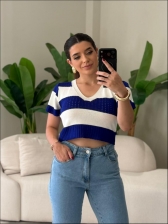 CROPPED LISTRADO BRASIL - Azul com branco