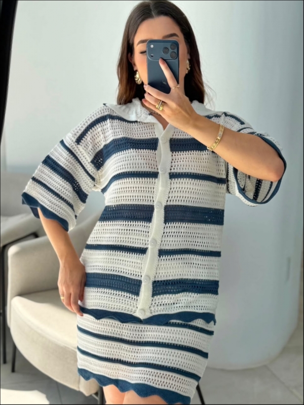CONJUNTO ATENAS - Off white com azul marinho
