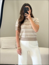 TSHIRT POLO LISTRAS - AREIA/OFF WHITE