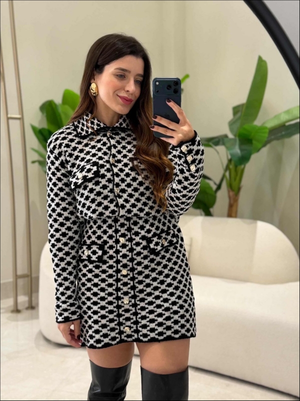 CONJUNTO SAIA JACARD MOUSSE - PRETO COM BRANCO