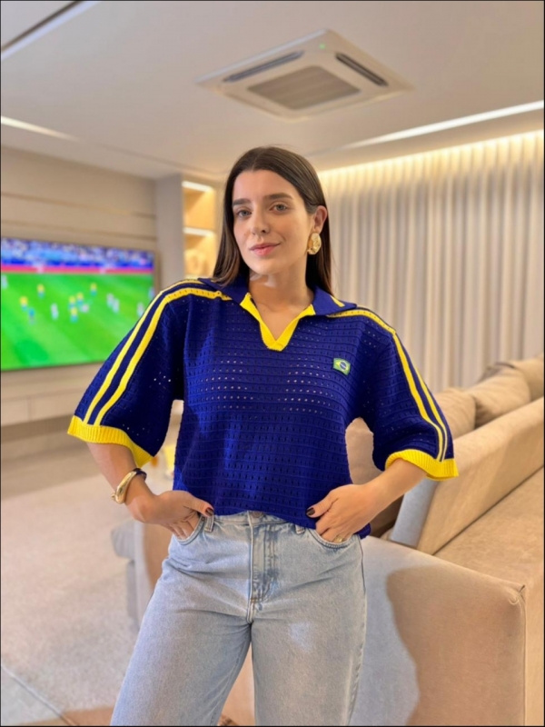 TSHIRT RENDADA BRASIL - AZUL BIC/ AMARELO
