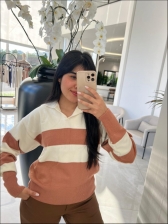 BLUSA POLO LISTRADA TELMA - OFF WHITE/ BEGE NOVO