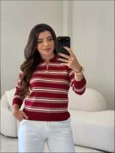 BLUSA MANGA LONGA LISTRADA ARY - Vermelho cherry com off white