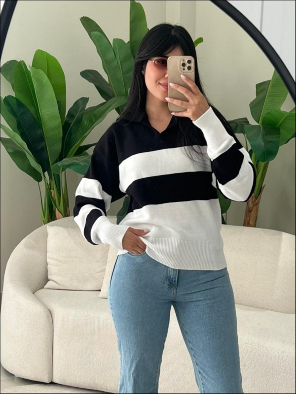 BLUSA POLO LISTRADA TELMA - PRETO